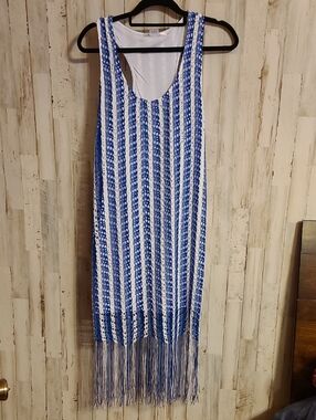 K Jordan Blue & White Striped Crochet Fringe Dress